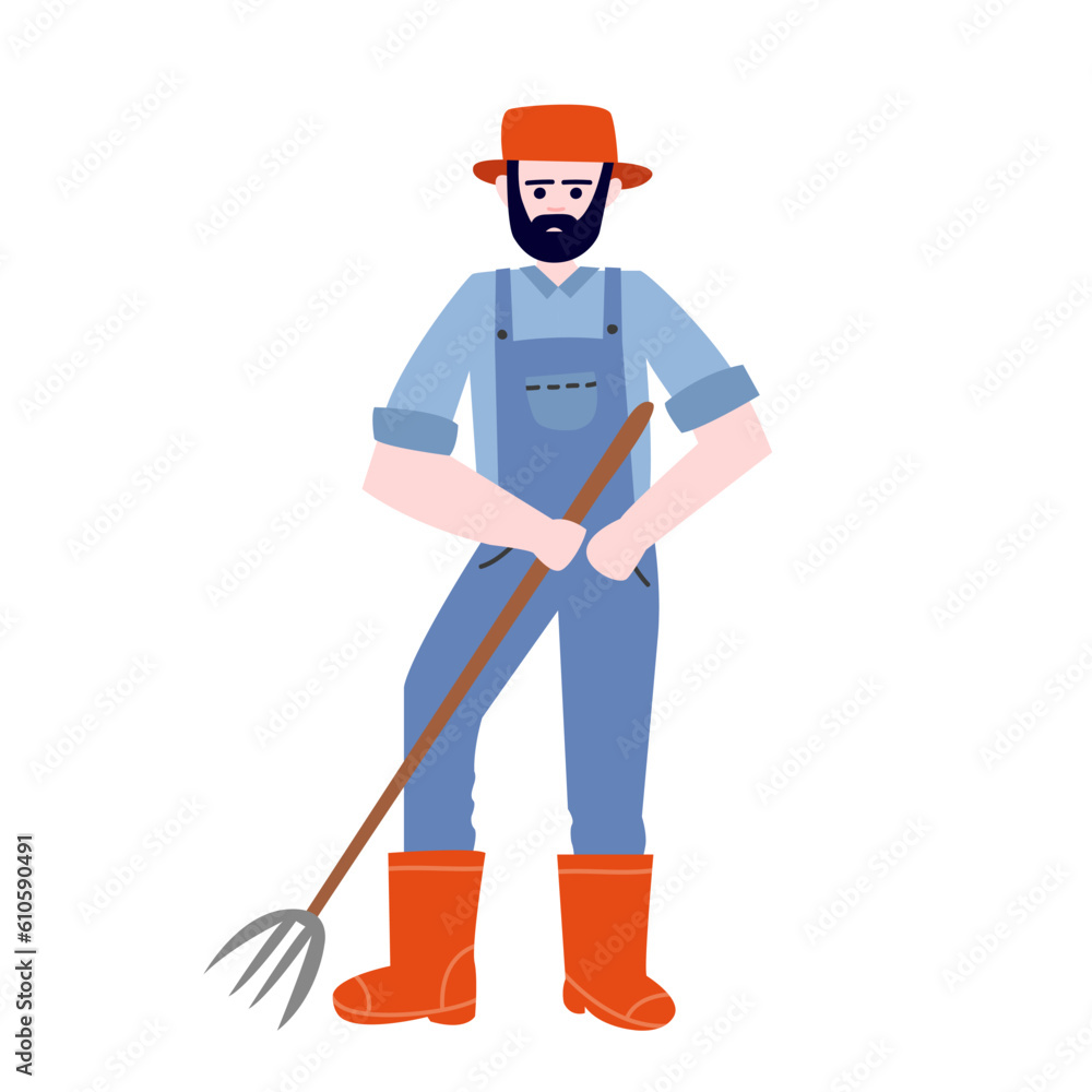 Cartoon male farmer in uniform character vector illustration. Flat style hay maker farmer Cartoon male farmer in uniform character vector illustration. Flat style hay maker farmer
