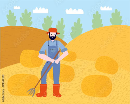 Vector farmer in uniform  collecting hay on autumn fields landscape. Flat style hay making concept vector illustration