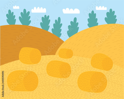 Autumn harvest fileds landscape. Vector hay making valley landscape background