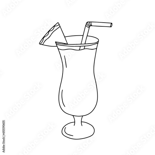 Vector pina colada cocktail with pineapple and straw sketch illustration