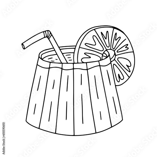 Vector pina colada cocktail with pineapple and straw sketch illustration