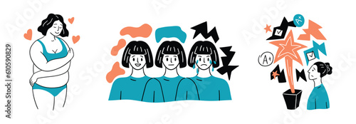 Cartoon Color Mental Health and Psychology Concept Set Flat Design Style. Vector illustration of Scene with Person in Dissociative Identity Disorder