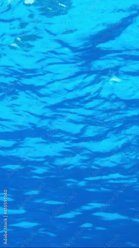 VERTICAL VIDEO, Underwater view on calm surface of blue water. Natural background with surface of blue water. Texture of blue water on surface. Close-up, Slow Motion VERTICAL VIDEO, Underwater view on calm surface of blue water. Natural background with surface of blue water. Texture of blue water on surface. Close-up, Slow Motion