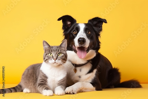 Fotobehang Grey striped tabby cat and a border collie dog with happy expression together on