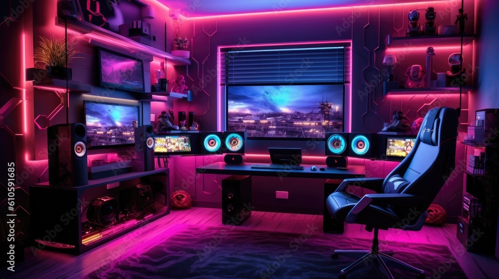 Gamer ergonomic chair with remote controller car, wireless VR and entertainment gadget in neon light room ai generated Gamer ergonomic chair with remote controller car, wireless VR and entertainment gadget in neon light room ai generated