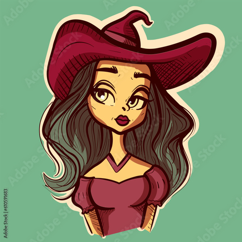 Digital art of a woman witch wearing a hat for Halloween. Avatar cartoon character of a beautiful female in a occult and gothic outfit.