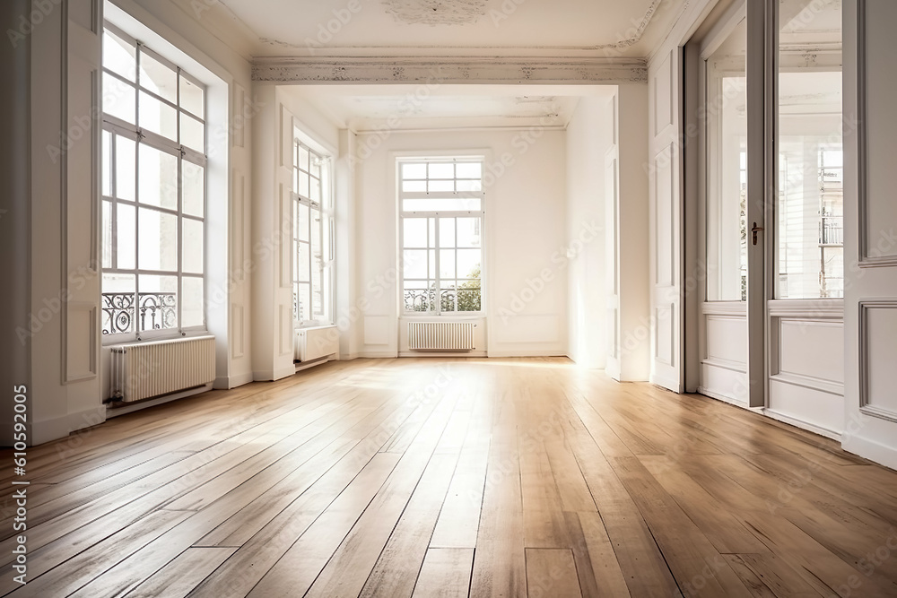 Fototapeta premium Empty room in a bright clean interior , White empty room with wooden floor , Created with generative AI
