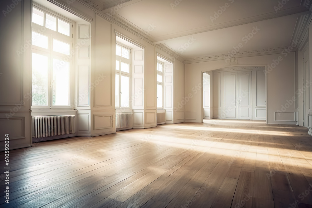 Empty room in a bright clean interior , White empty room with wooden floor , Created with generative AI Empty room in a bright clean interior , White empty room with wooden floor , Created with generative AI