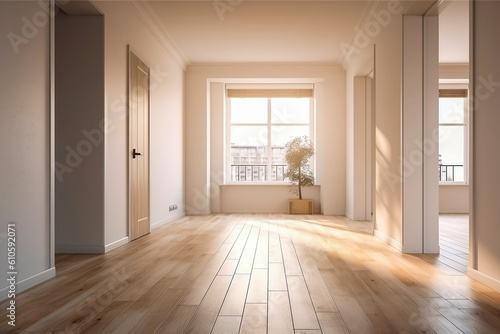 Empty room in a bright clean interior   White empty room with wooden floor   Created with generative AI