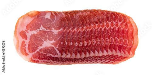 Top view of a row of thinly cut dry coppa on a white background.