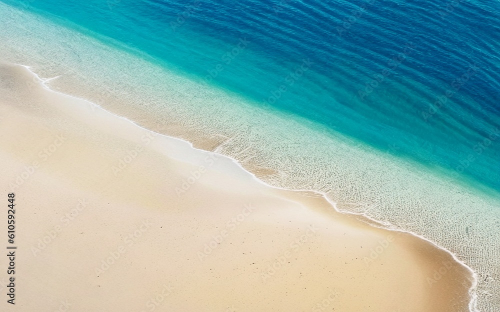 View of sea water and beach sand on sunny day, Generative AI illustration View of sea water and beach sand on sunny day, Generative AI illustration