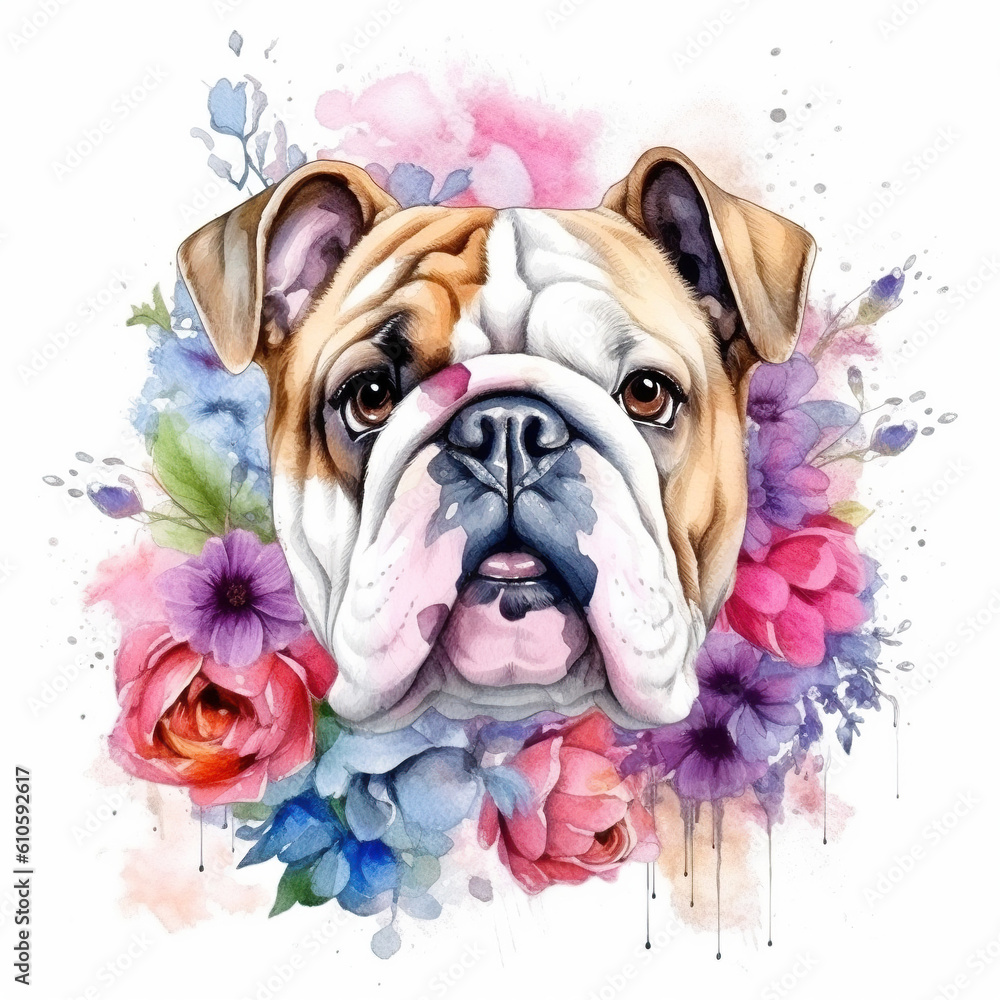 Watercolor dog with flowers on a white background, Generative AI