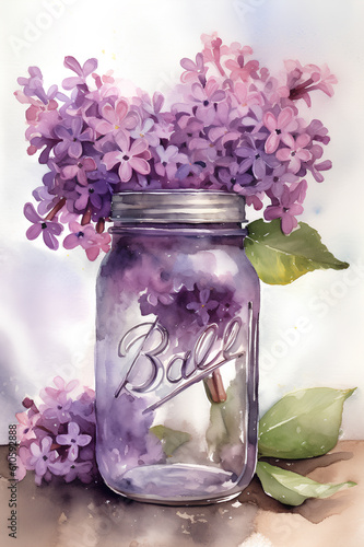 Watercolor painting of lilacs in a mason jar filled with water ai generated