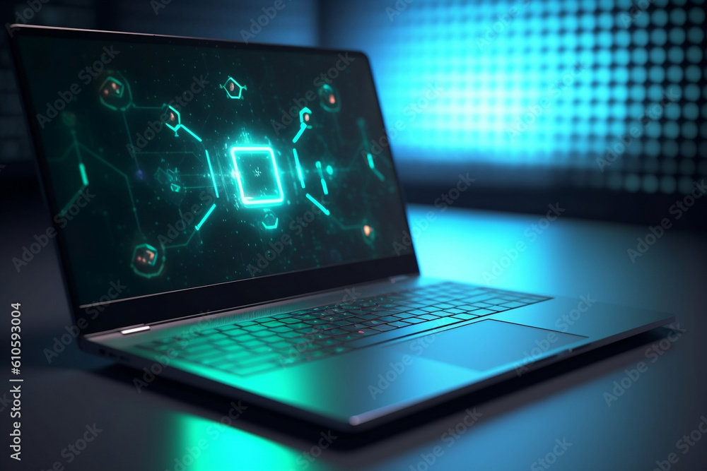 a modern laptop is shown with a lock icon, in the style of innovating techniques, gray and aquamarine, infinity nets, iso 200, emphasis on atmospheric effects, glitchy, oshare kei a modern laptop is shown with a lock icon, in the style of innovating techniques, gray and aquamarine, infinity nets, iso 200, emphasis on atmospheric effects, glitchy, oshare kei