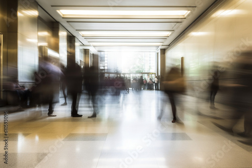 Group of people rushing in the lobby, motion blur