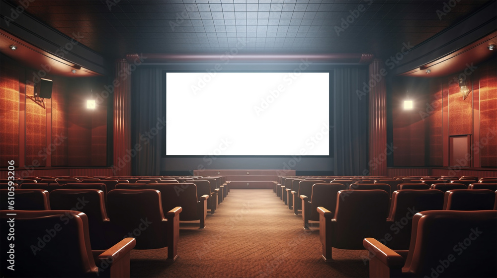 A rustic dark cinema room with stage and transparent screen, Generative AI
