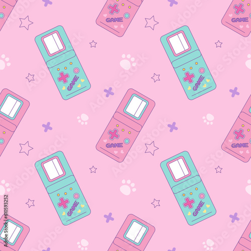 Electronic retro game. Vector seamless pattern in kawaii style. An old vintage console from the 90s