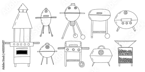 Different kinds of smokers BBQ sketch set. Vector hand drawn charcoal kettles and barbecue grills set