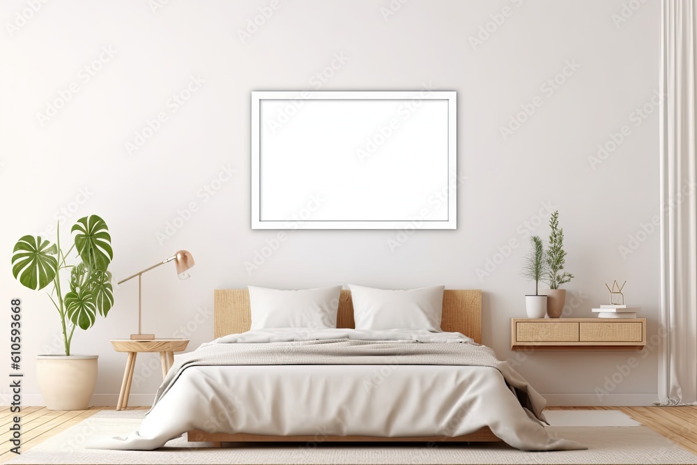 Naklejka premium Mock up poster frame in modern bedroom interior