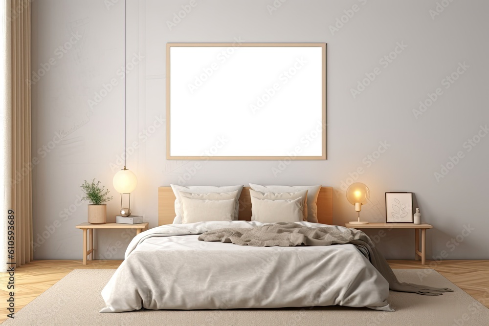Mock up poster frame in modern bedroom interior Mock up poster frame in modern bedroom interior