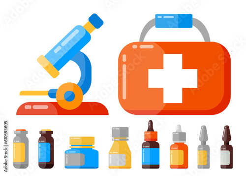 Big set of microscope, bottles with pills, sprey for throat, ampules and other medicine for healthcare. Illustration for websites, mobile applications, posters and banners. Medical concept
