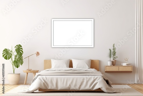Mock up poster frame in modern bedroom interior