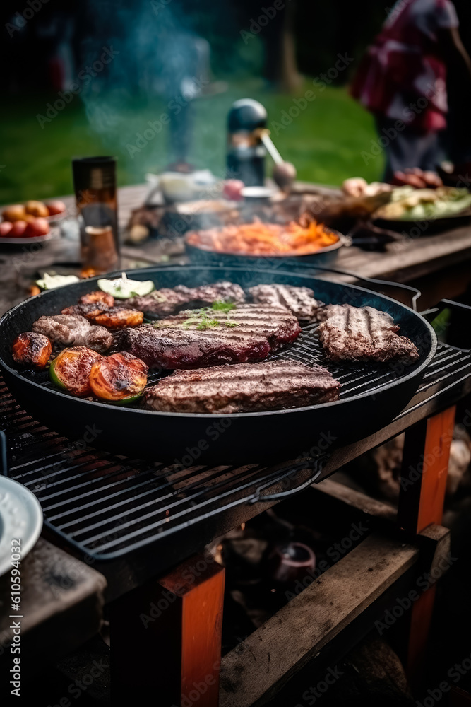 delicious grilled meat with vegetables on barbecue grill with smoke and flame. Picnic concept