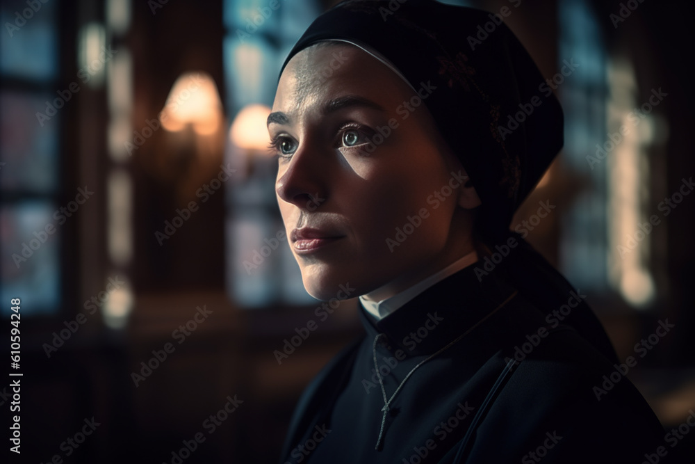 Portrait of a young nun in a cloister, church windows shadows reflect on the face of a nun. Created using Generative AI technology. Portrait of a young nun in a cloister, church windows shadows reflect on the face of a nun. Created using Generative AI technology.