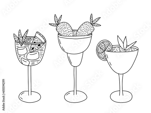 Vector non alcohol cocktails set. Summer long drinks sketches set 