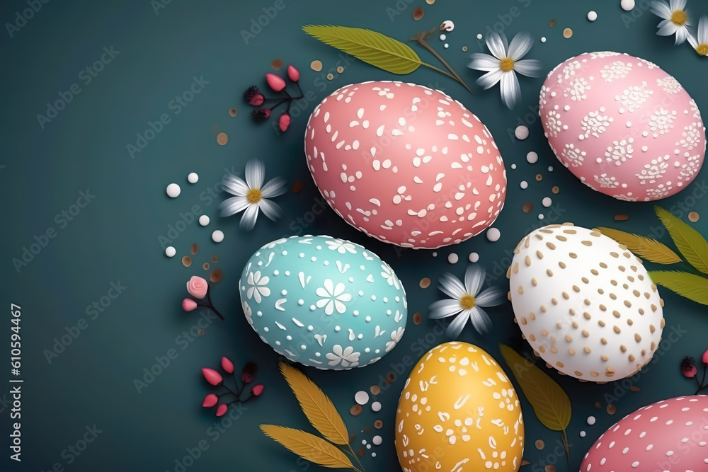 Happy easter day celebration concept, Colorful Easter eggs and flowers background , Created with generative AI