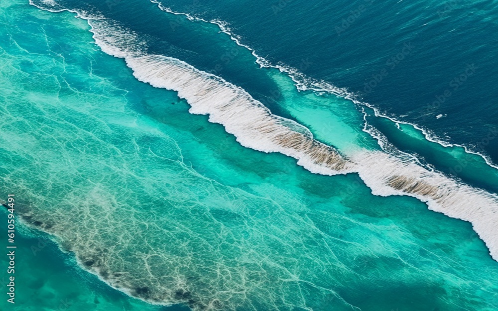 Colorful sea background. Turquoise ocean water with waves, spray and white foam. Generative AI