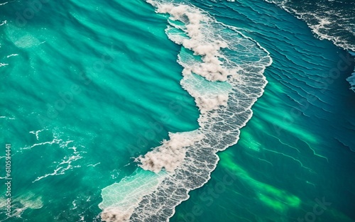Colorful sea background. Turquoise ocean water with waves, spray and white foam. Generative AI