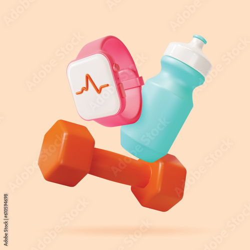 3d Workouts for Beginners Healthy Body Training Concept Background Cartoon Style. Vector illustration of Fitness Bracelet, Dumbbell and Water Bottle