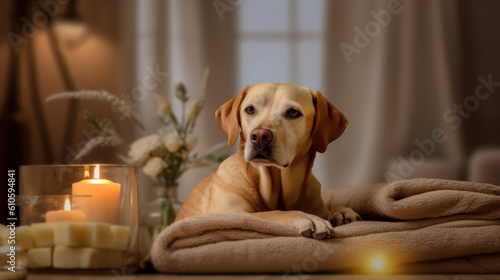 Flower Power: Happy Labrador Retriever Finds Bliss Among Candles and Blooms in Spa Studio. Generative AI