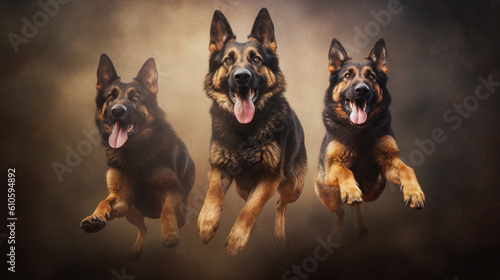 Dynamic Canine Action. German Shepherds Catching Treats in Air - Generative AI