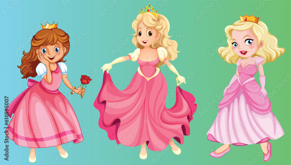 Princesses and queens different pose in gowns on gradient background Princesses and queens different pose in gowns on gradient background
