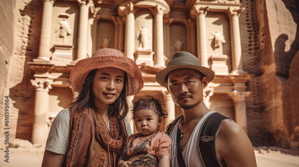Young Asian family with their baby girl, on vacation in Petra, Jordan. Generative AI