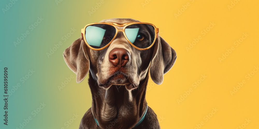 Summer Vibes with Labrador: Smiling Dog in Sunglasses on gradient background. Generative AI Summer Vibes with Labrador: Smiling Dog in Sunglasses on gradient background. Generative AI