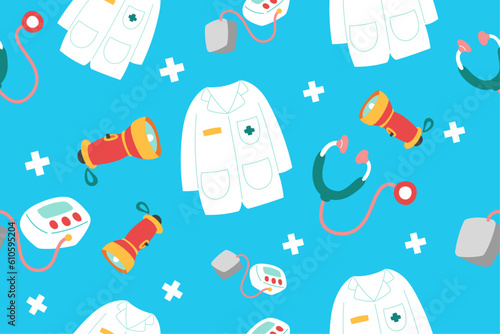 Cute Medical Seamless Pattern Perfect Kids Apparel Trendy Cartoon Textile for Healthcare nursery Hospital Clinic Wrapping Collage Drug Pharmacy Emergency Doctor Print Vector Illustrations