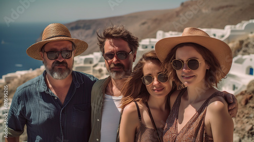 Two Spanish couples on vacation in Santorini. Generative AI