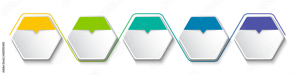 Business infographic template with step or option design. Infographics five options. Diagram with hexagons. Business infographic template with step or option design. Infographics five options. Diagram with hexagons.