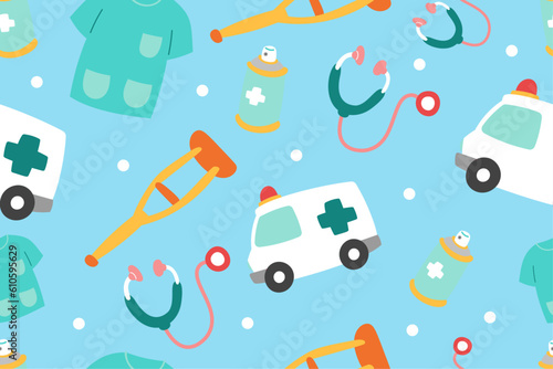 Cute Medical Seamless Pattern Perfect Kids Apparel Trendy Cartoon Textile for Healthcare nursery Hospital Clinic Wrapping Collage Drug Pharmacy Emergency Doctor Print Vector Illustrations