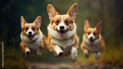 Colorful Corgi Fun: Three Cute Pembroke Welsh Corgi Dogs Jumping for Treats. Generative AI