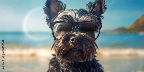 Beach Barks: Smiling Miniature Schnauzer Dog in Sunglasses Strikes a Funny Pose. Generative AI © Bartek