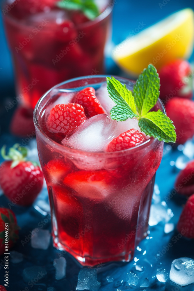 on a blue background raspberry mint lemonade fresh generated ai on a blue background raspberry mint lemonade fresh generated ai