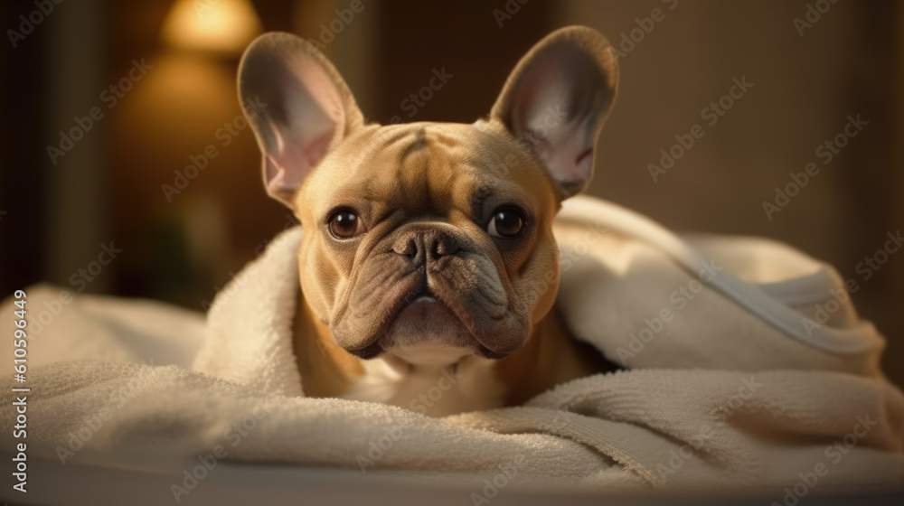 Spa Serenity: Relaxed French Bulldog Smiles in Zen Studio, Covered in Towel. Generative AI