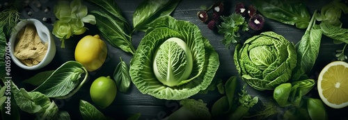 Cabbage of different varieties and types, flatlay vegetables, a banner filled with products.
Concept: healthy eating, vegetarianism, types of plant foods. Generative AI
