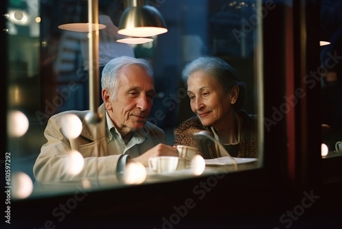 A romantic elderly couple sitting at a bar table at dusk. Generative AI