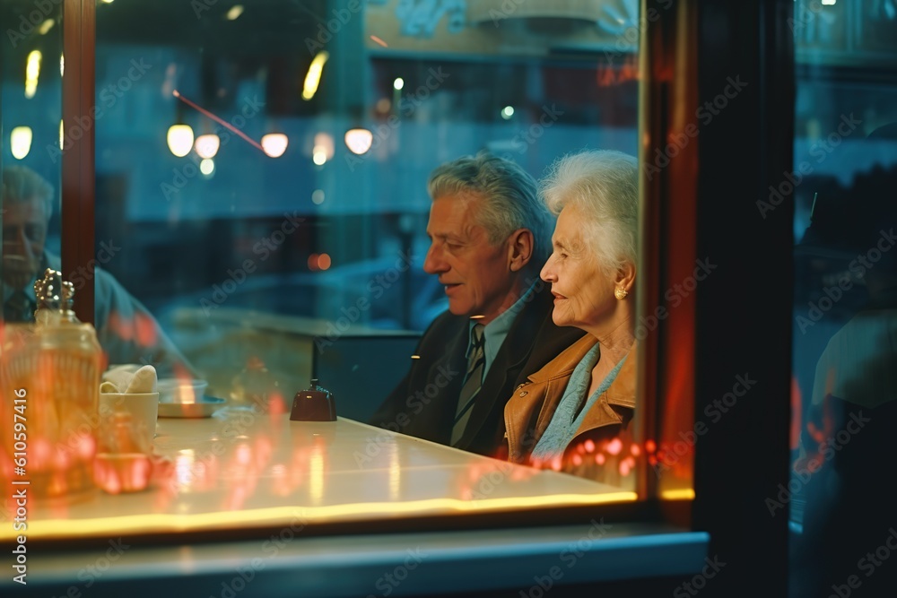 Obraz premium An Elderly Couple's Coffee Date at a Neon-lit Bar. Generative AI
