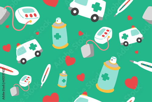 Cute Medical Seamless Pattern Perfect Kids Apparel Trendy Cartoon Textile for Healthcare nursery Hospital Clinic Wrapping Collage Drug Pharmacy Emergency Doctor Print Vector Illustrations